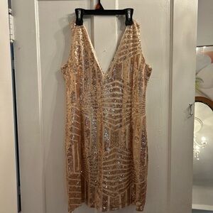 Fashion Nova Gold and Cream Backless Dress